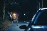 Deer standing on the road near forest at early morning or evening time. Road hazards, wildlife and transport.