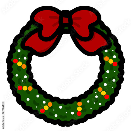 Christmas wreath with ornaments and a red bow.