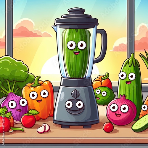 Cartoon style vegetables with eyes surrounding a blender in a kitchen with a sunset by the window . fun vegan and healthy cooking illustration 