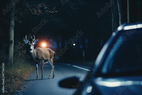 Deer standing on the road near forest at early morning or evening time. Road hazards, wildlife and transport.