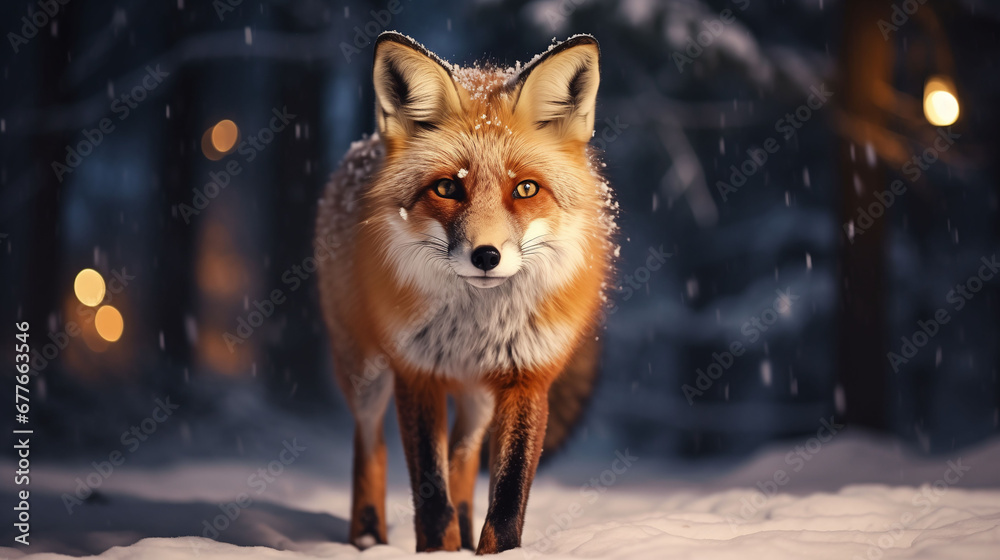Fototapeta premium Portrait of Red fox in a winter night forest, snowy winter landscape. Poster, Baner high quality. Christmas lights. Generative ai