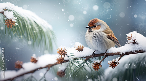 robin bird on a branch, winter, snowy pine trees 