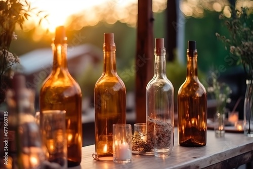 Wine glasses on elegant outdoor table setting.