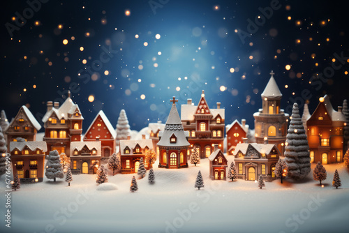 A snowy Christmas village with snowflakes at night, with vignetting, dark orange, blue hues, and selective focus.