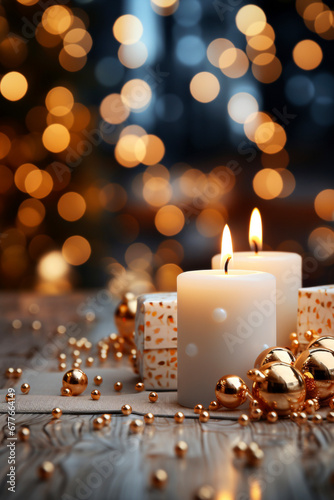Colorful christmas candles on wooden table against bokeh background