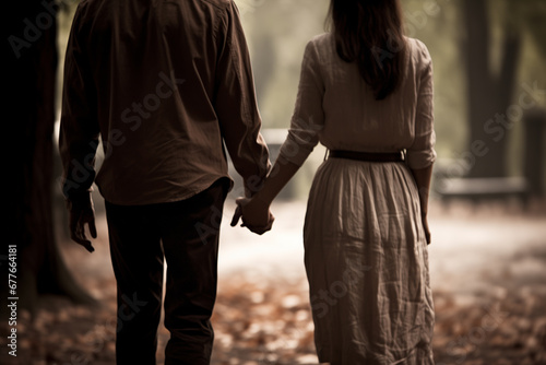 Walk of lover .Couple holding hands while walking on a pathway.