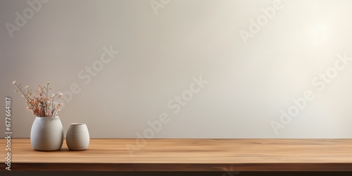 White wall and vase with dry flower on wooden table background with Copy space. Minimalistic interior of modern empty room in scandinavian style. © Zhizhi