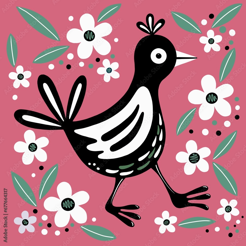 Obraz premium Quirky bird illustration. The bird is walking and is surrounded by stylised flowers and leafs. A bold, contemporary, square design on a pink background. Modern artwork in a colourful cartoon style.