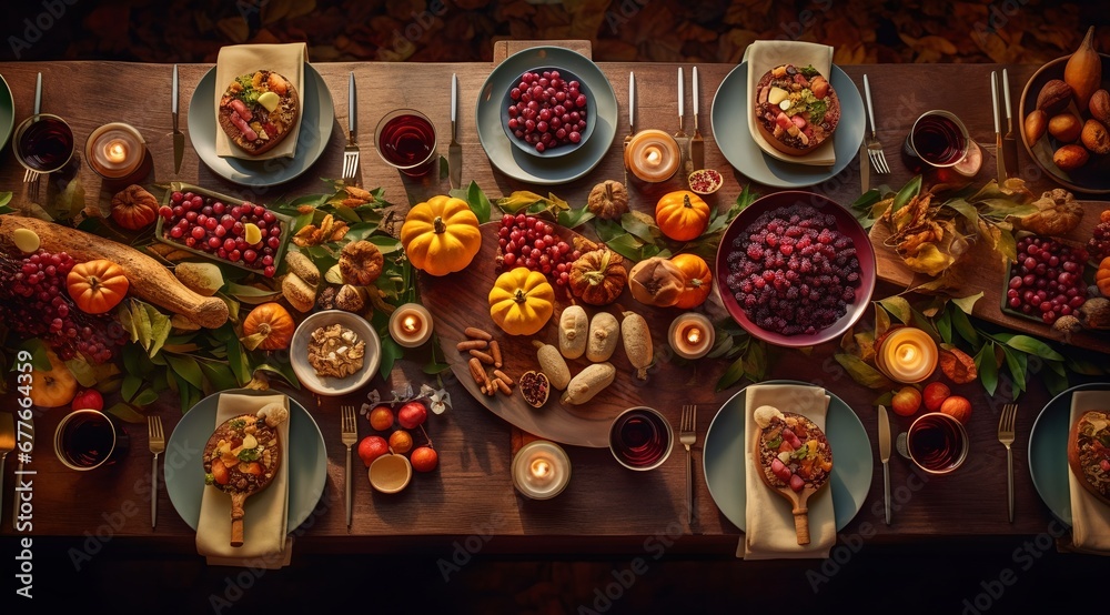 Fototapeta premium Festive Thanksgiving table, top view.