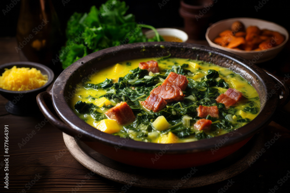 Swiss ham, potato soup, kale, and sausage in a cold and detached atmosphere with yellow and emerald tones in split toning style.
