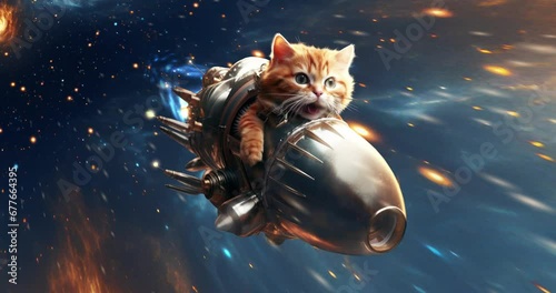 Funny cat flies on a rocket into space. Modern collage motion design. photo