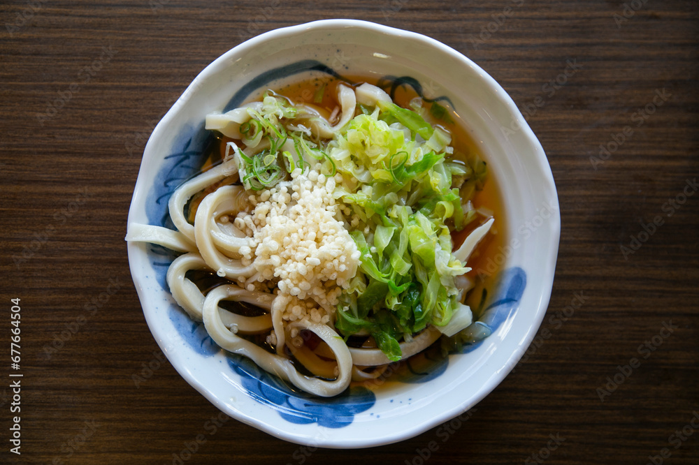 Cold Udon noodle dish served with miso sauce in Fujiyoshida city in Japan.