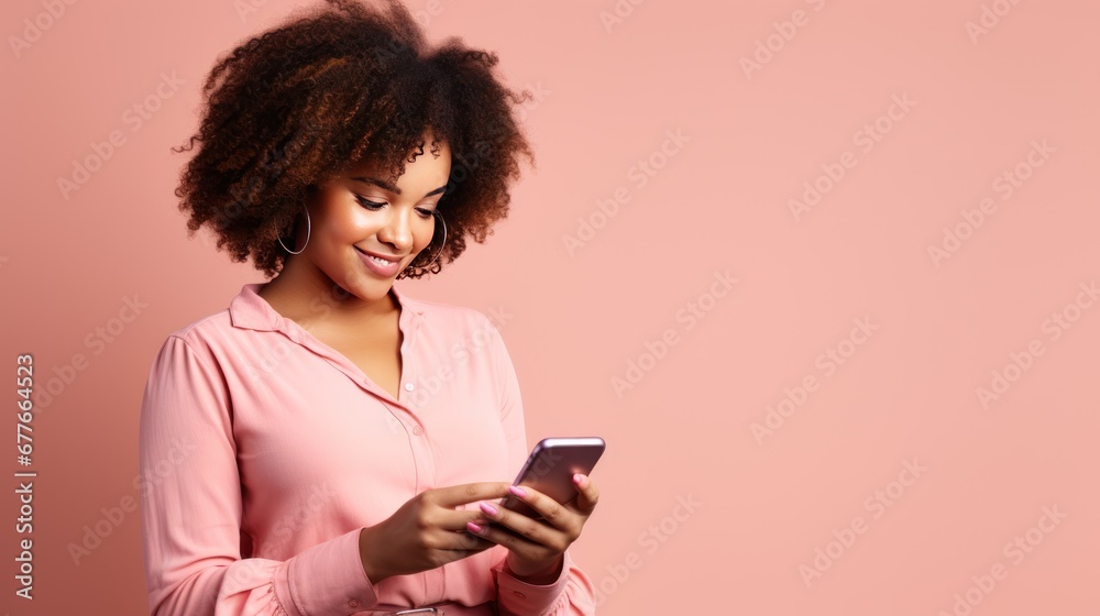 Fototapeta premium African American Plus Size Female Using Smartphone On Light Pink Background,
