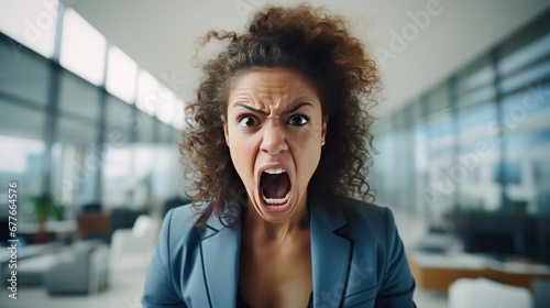 Angered, furious, crazy and mad millennial businesswoman or female office worker photo
