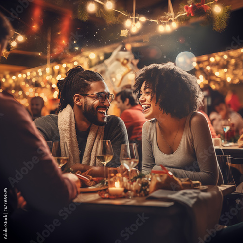 A diverse couple having fun enjoying their Christmas dinner in a busy restaurant