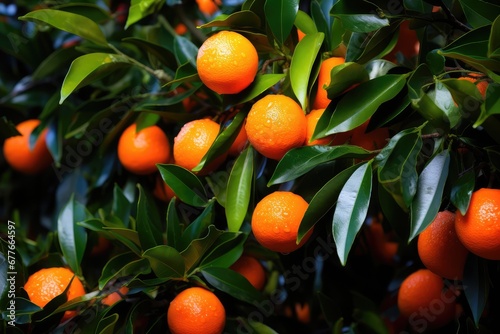 Close up of ripe tangerines mandarin citrus orange fruits on a tree branches