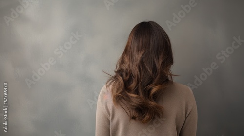 Back view of beautiful brown haired woman on gray background photo