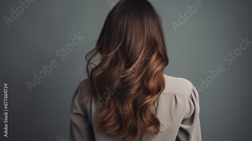 Back view of beautiful brown haired woman on gray background
