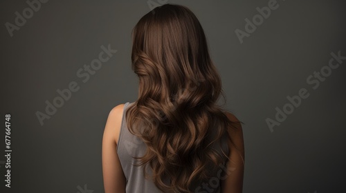 Back view of beautiful brown haired woman on gray background