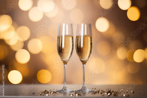 Two golden champagne flutes with background of gold sparkling lights