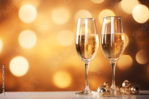 Two golden champagne flutes with background of gold sparkling lights