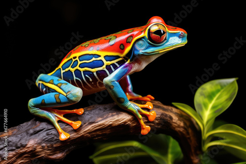 Colorful of red eye tree frog on the branches leaves of tree, close up scene, animal wildlife concept, habitat of frog background. © TANATPON