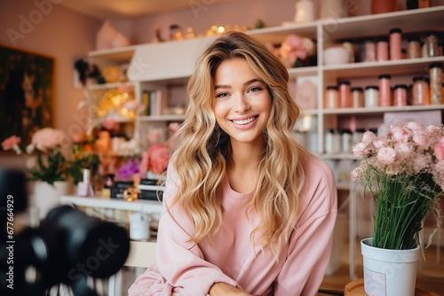 Female influencer vlogging online with camera from home. Social media and smart working concept