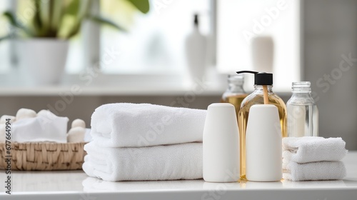 Ceramic soap, shampoo bottles and white cotton towels on white counter table