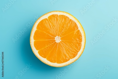 Top view of a freshly sliced orange on a pastel blue background