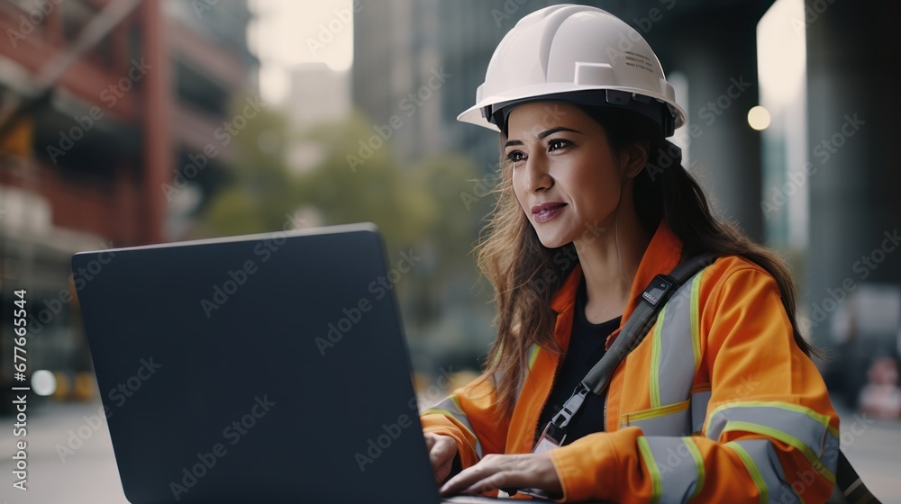 Beautiful female engineer with laptop, worker smiling at camera Beautiful female engineer with laptop, worker smiling at camera