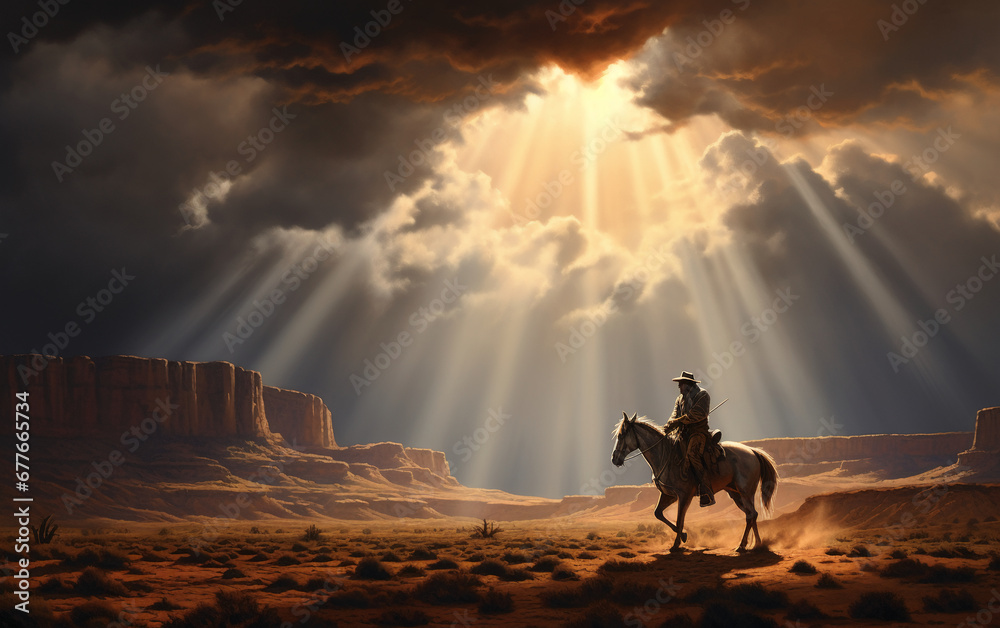 cowboy in a horse tracking a lost horse. AI generative cowboy in a horse tracking a lost horse. AI generative