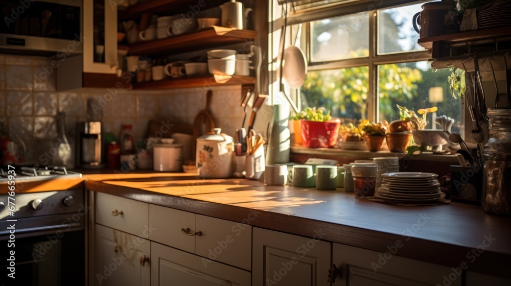 Details in the kitchen in the morning, kitchen and cooking equipment, natural light and shadow. Details in the kitchen in the morning, kitchen and cooking equipment, natural light and shadow.