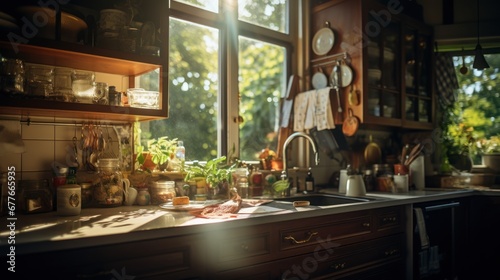 Details in the kitchen, morning sunlight coming in through the window, kitchen and nature © CStock