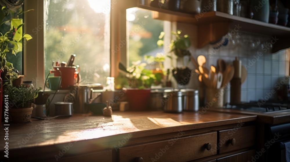 Details in the kitchen in the morning, kitchen and cooking equipment, natural light and shadow.