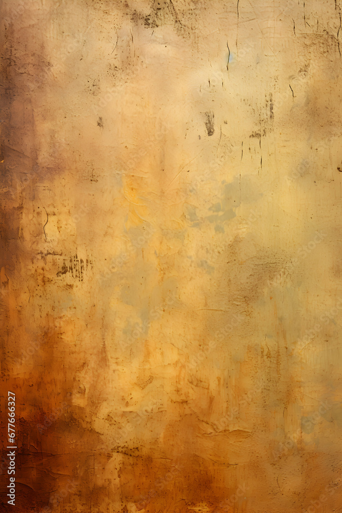 Vintage grunge background with patina like colors, cracks, and golden brown and yellow red paper textures. Photo studio backdrop. Wallpaper. Generative AI.