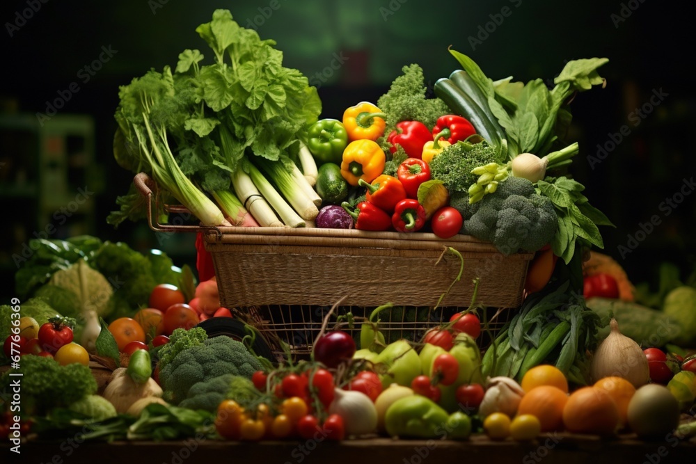 A shopping cart full with groceries dark background A shopping cart full with groceries dark background