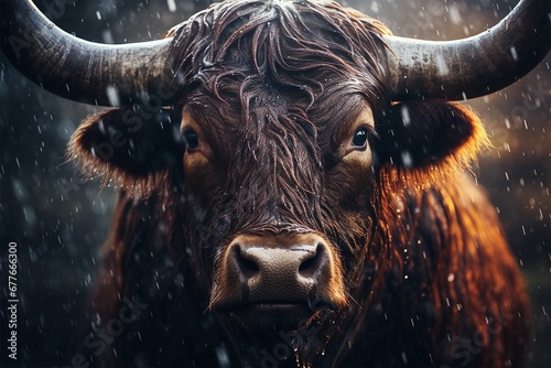 A bull in the rain portrait, angry look