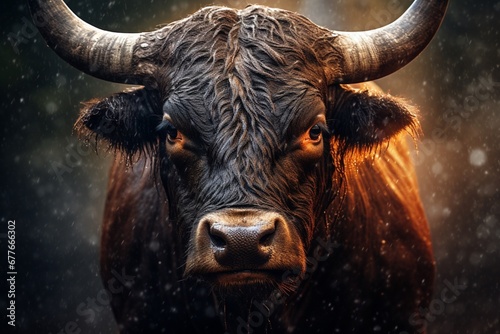 A bull in the rain portrait, angry look