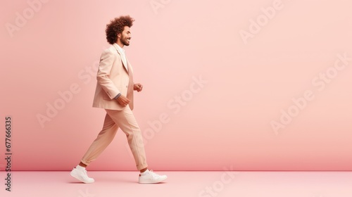 profile photo of cheerful person walking wear retro on light pink background