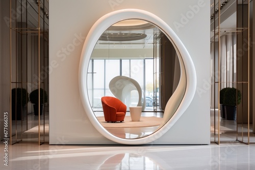 A modern house entrance with a mirror and console table
