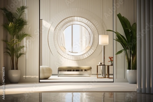 A modern house entrance with a mirror and console table