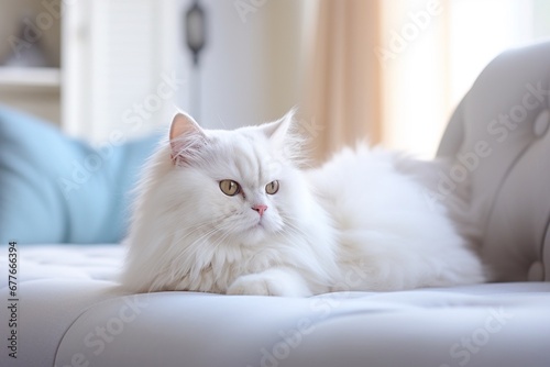 A white fluffy cat on white couch close up, cute cat