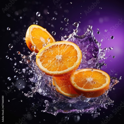 Fresh orange slices falling into water with splash on purple  violet background  close up. 