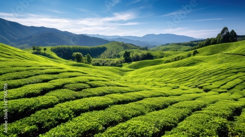 Photograph of Green tea plantation landscape  mountains  highland plants