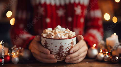 Woman holding a cup of hot chocolate with marshmallow. Christmas background