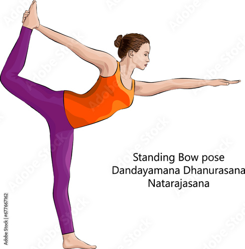 Young woman doing yoga Dandayamana Dhanurasana or Natarajasana. Standing Bow Pulling pose. Intermediate Difficulty. Isolated vector illustration.