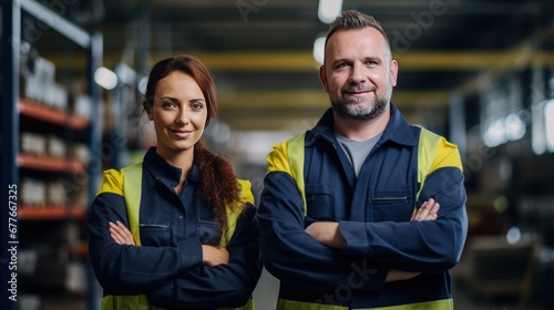 Group of male and female factory workers crossed arms and smiling in industry factory,