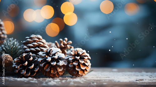 Christmas Decoration Banner Snowy Pine Cones On Fir Branch, winter seasonal background, wallpaper, generative ai