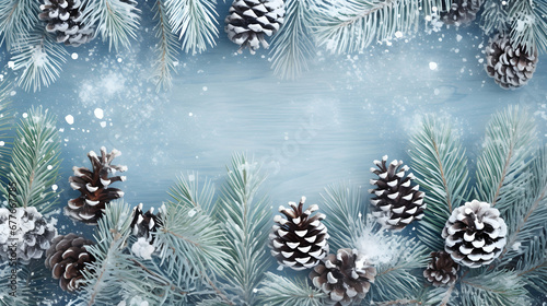 Christmas background with snowy fir branches  cones top view  free blank space  copy space  floating frame  generative ai