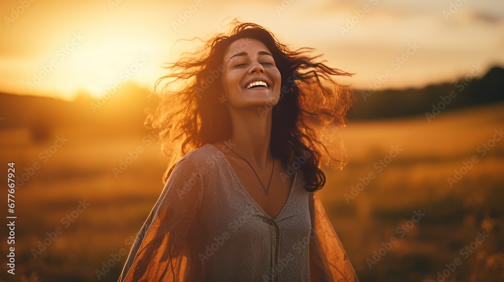 Portrait of beautiful black woman smiling with nature during sunset, cheerful woman